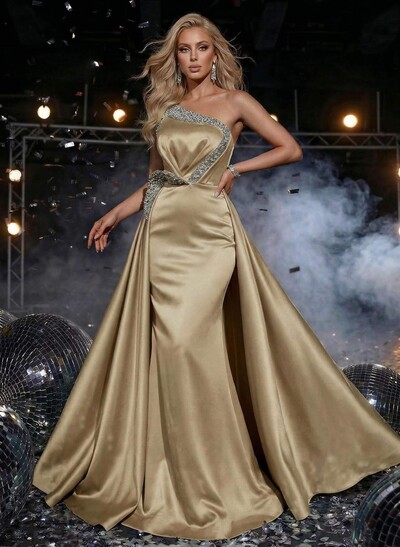 Sheath/Column One-Shoulder Sleeveless Sweep Train Satin Prom Dresses With Rhinestone/Overskirt Dress