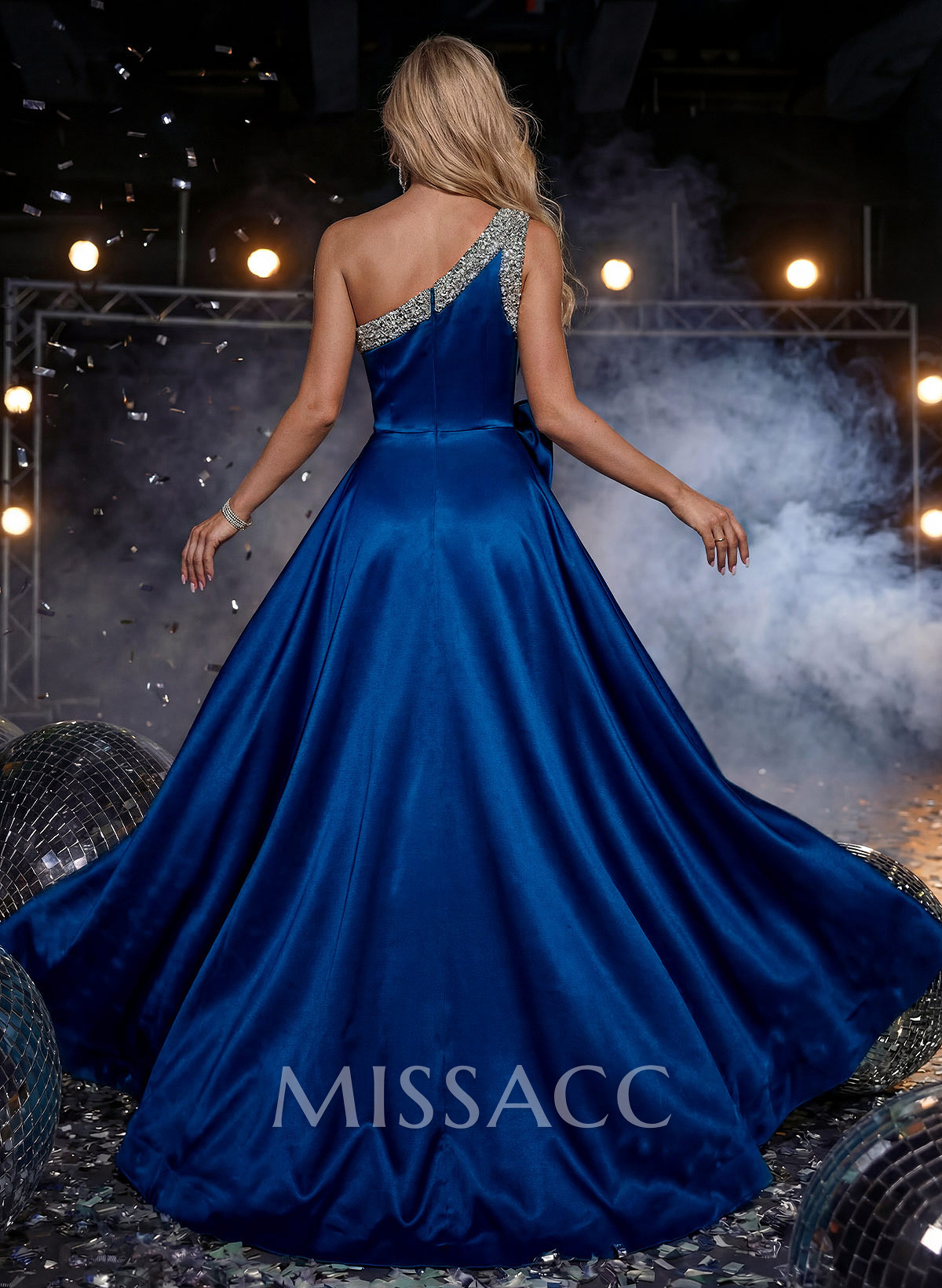 Sheath/Column One-Shoulder Sleeveless Sweep Train Satin Prom Dresses With Rhinestone/Overskirt Dress
