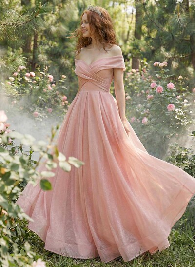A-Line Off-The-Shoulder Sleeveless Floor-Length Satin/Tulle Prom Dress With Pockets