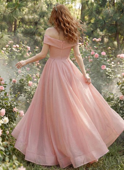 A-Line Off-The-Shoulder Sleeveless Floor-Length Satin/Tulle Prom Dress With Pockets