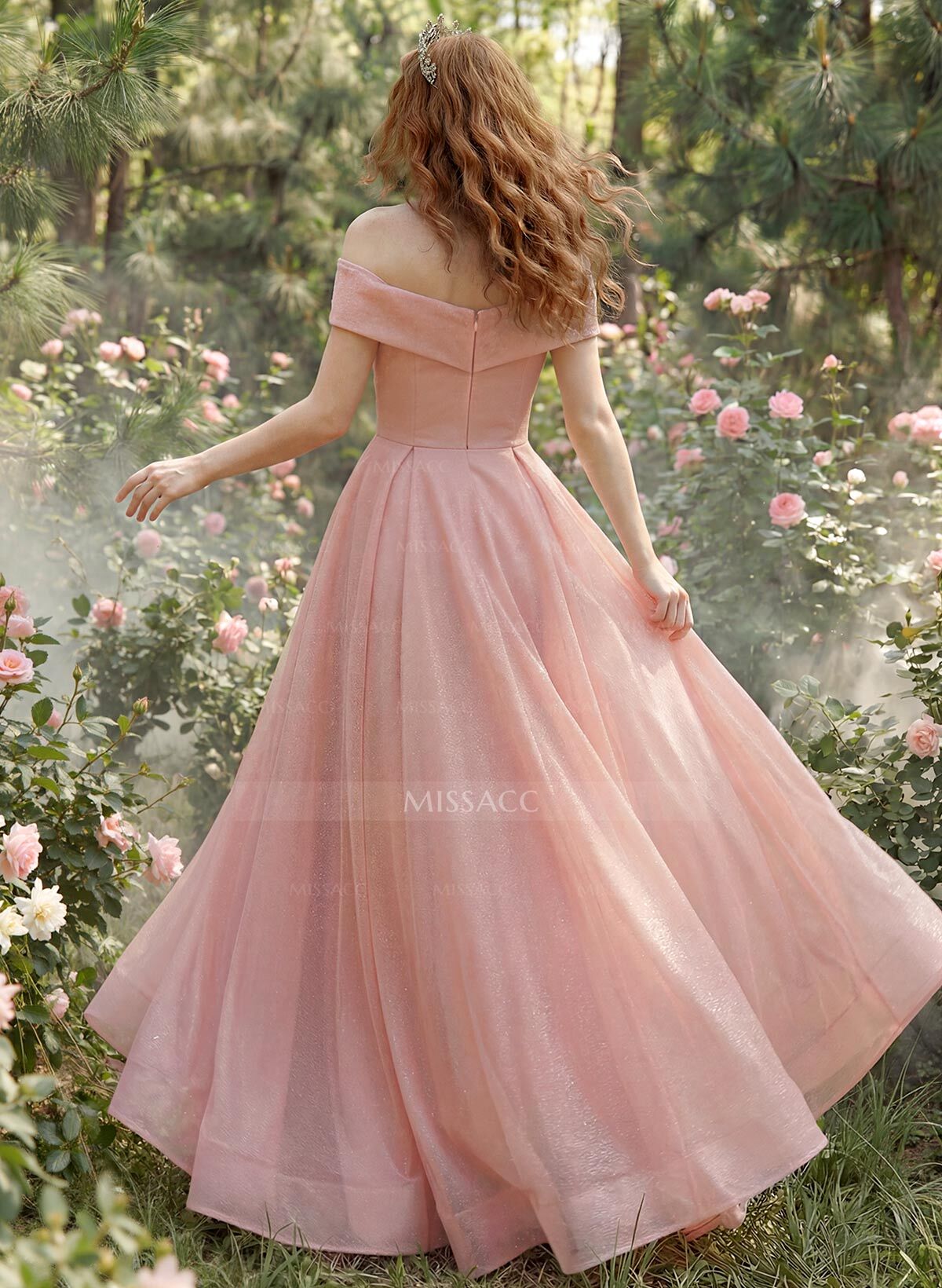 A-Line Off-The-Shoulder Sleeveless Floor-Length Satin/Tulle Prom Dress With Pockets