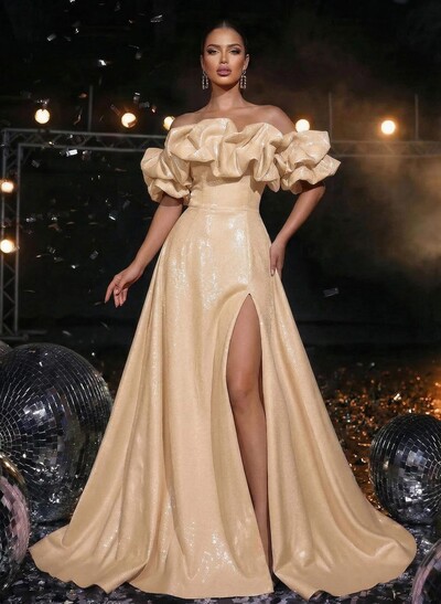 A-Line Off-The-Shoulder Sleeveless High Split Sweep Train Liquid Satin Prom Dress With Pockets