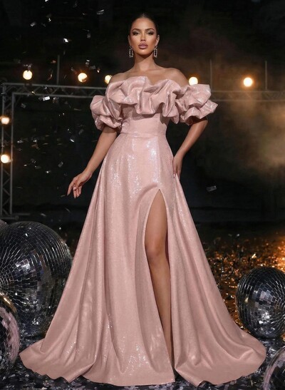 A-Line Off-The-Shoulder Sweep Train Liquid Satin Evening Dresses With Pockets/High Split