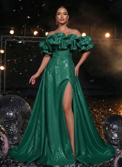 A-Line Off-The-Shoulder Sleeveless High Split Sweep Train Liquid Satin Prom Dress With Pockets