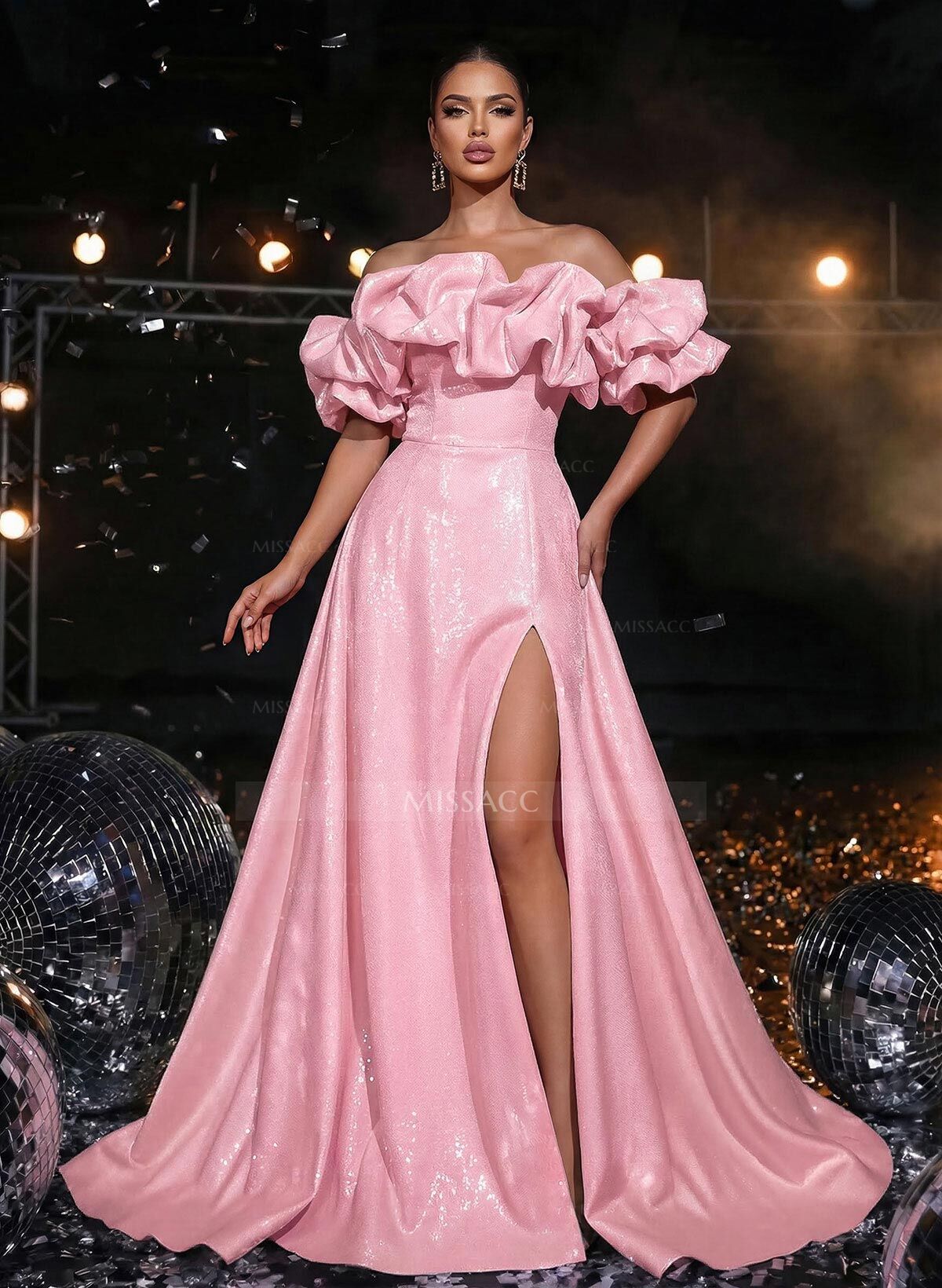 A-Line Off-The-Shoulder Sleeveless High Split Sweep Train Liquid Satin Prom Dress With Pockets