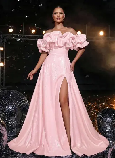 A-Line Off-The-Shoulder Sleeveless High Split Sweep Train Sequined Prom Dress With Pockets