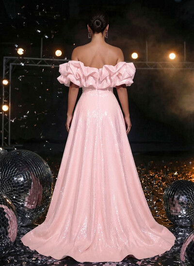 A-Line Off-The-Shoulder Sleeveless High Split Sweep Train Sequined Prom Dress With Pockets