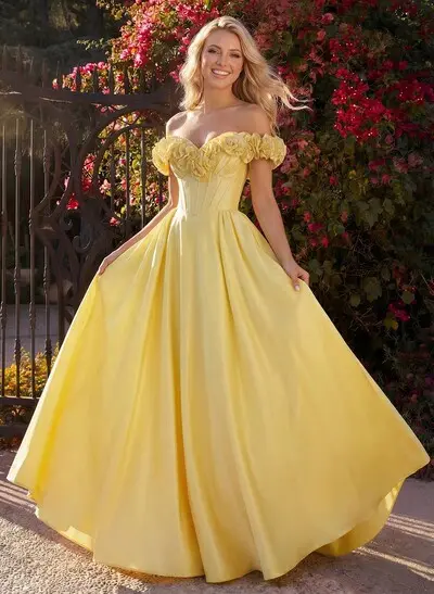 Ball-Gown Off-The-Shoulder Sleeveless Sweep Train Taffeta Prom Dress With Pockets/Flower