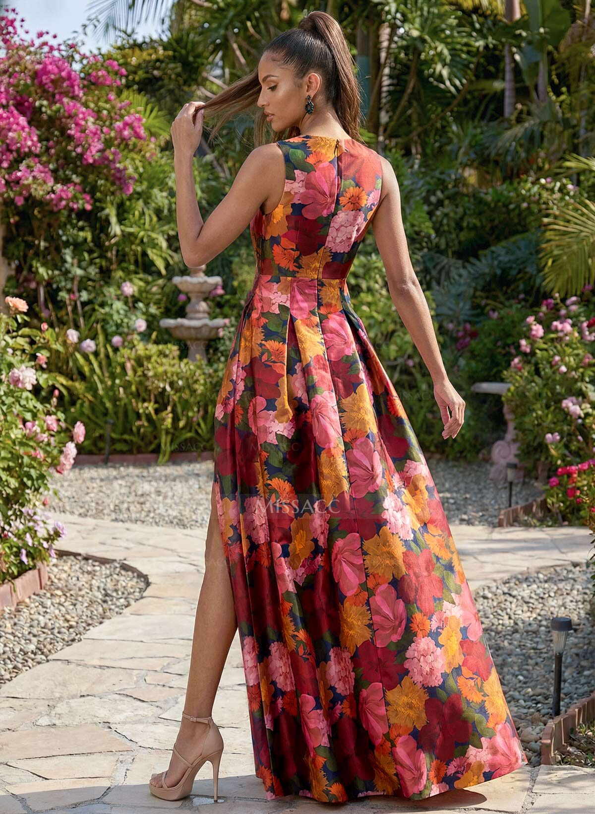 A-Line V-Neck Sleeveless Floor-Length Twill Satin Prom Dresses With Split Front/Flower(s)