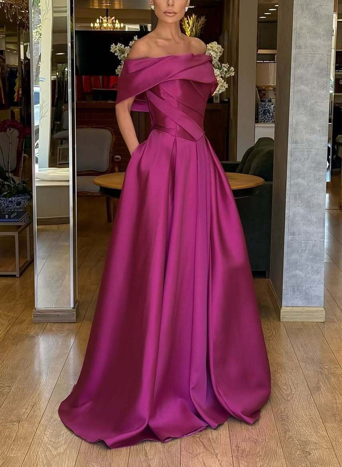 A-Line Off-The-Shoulder Sweep Train Satin Prom Dresses With Pockets