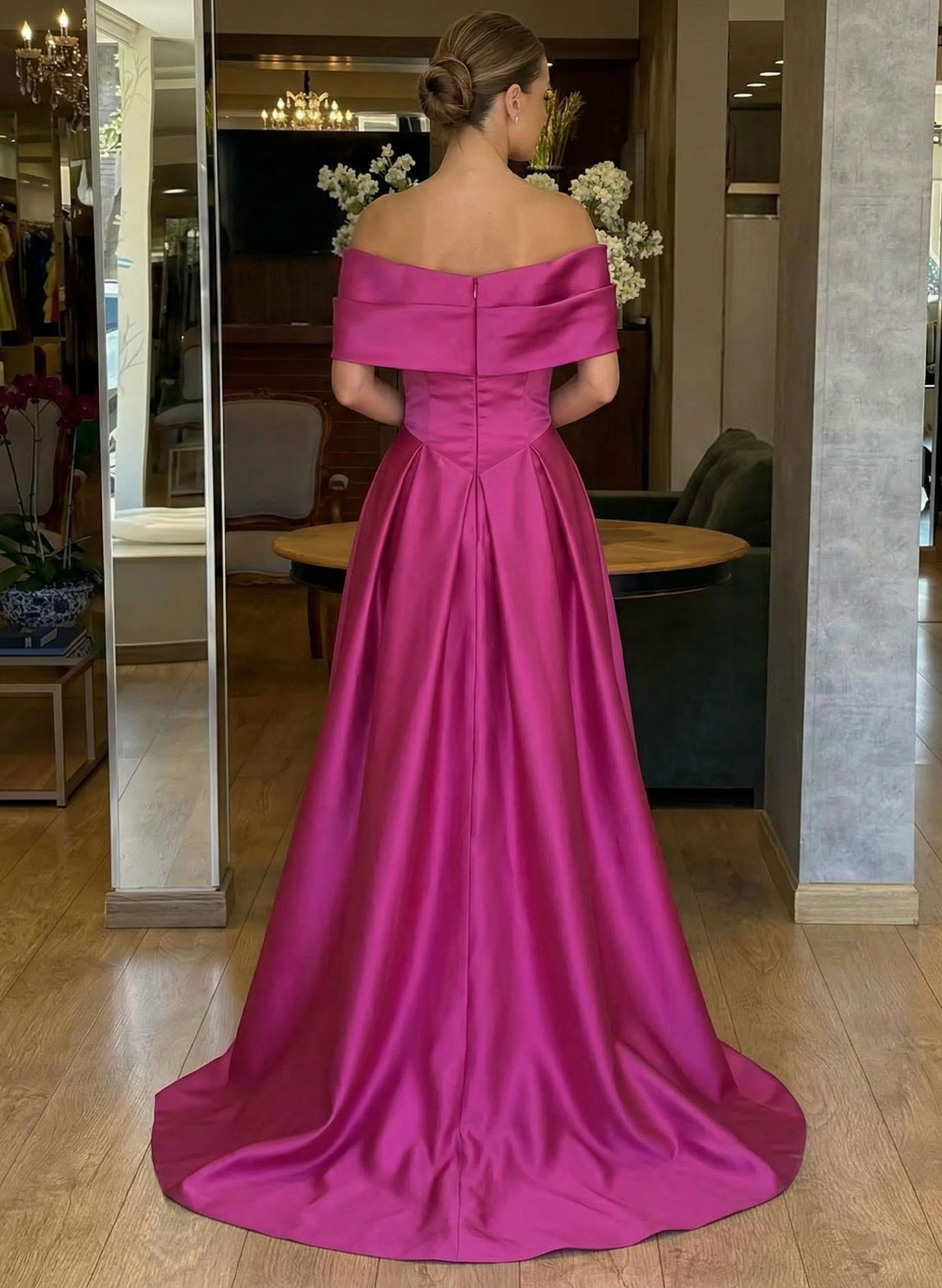 A-Line Off-The-Shoulder Sweep Train Satin Prom Dresses With Pockets
