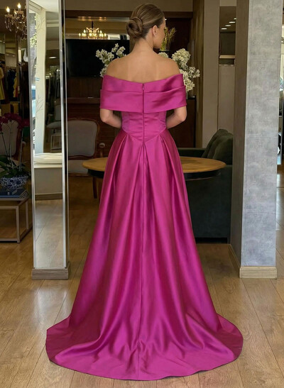 A-Line Off-The-Shoulder Sweep Train Satin Prom Dresses With Pockets