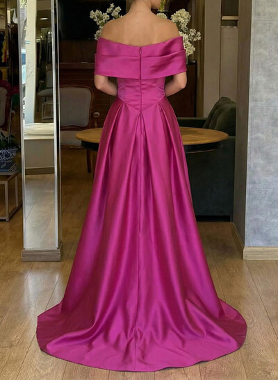 A-Line Off-The-Shoulder Sweep Train Satin Prom Dresses With Pockets