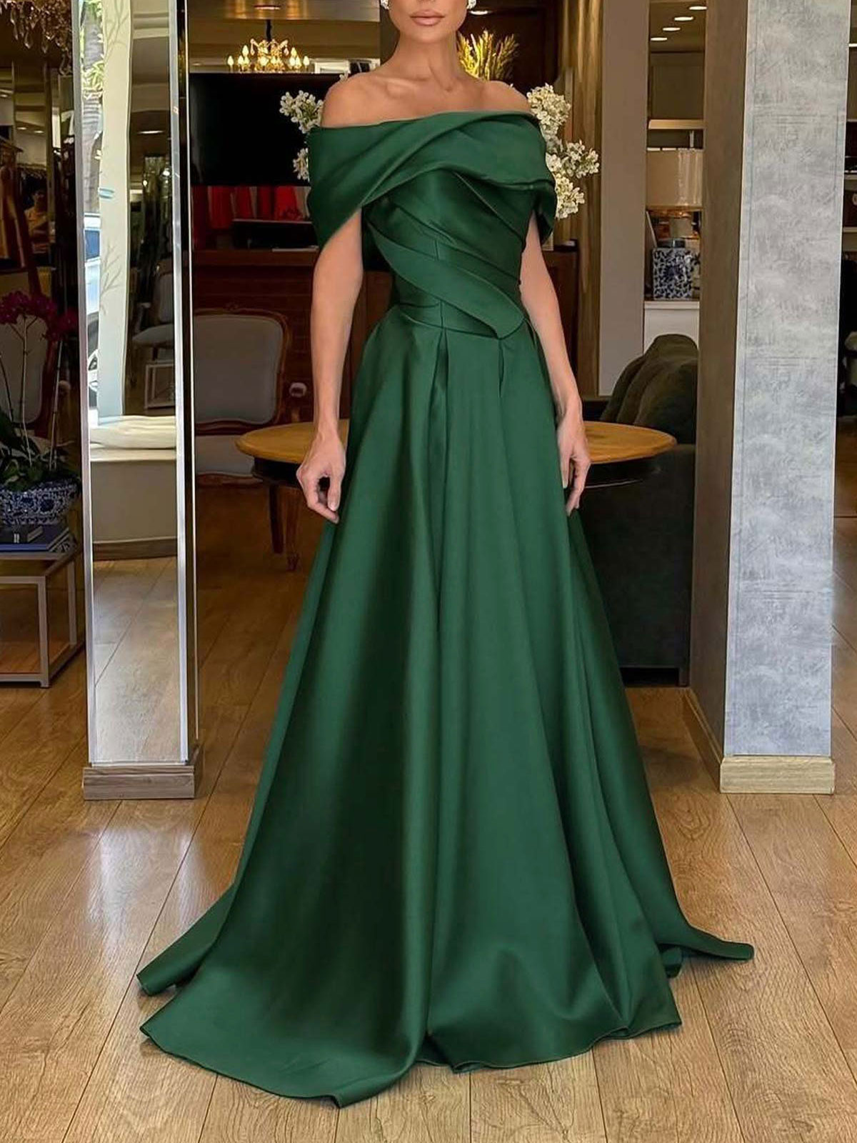 A-Line Off-The-Shoulder Sweep Train Satin Prom Dresses With Pockets