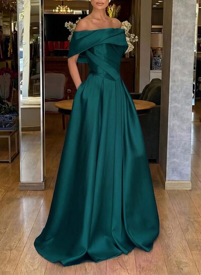 A-Line Off-The-Shoulder Sweep Train Satin Prom Dresses With Pockets