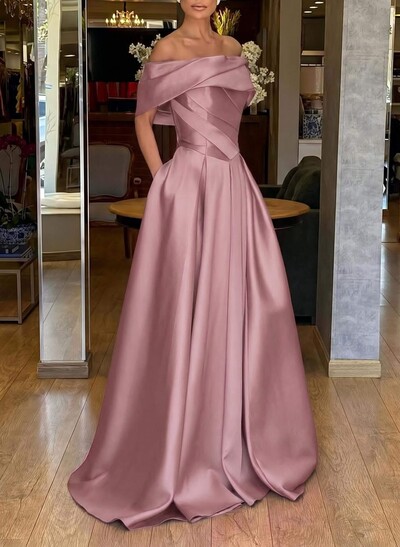 A-Line Off-The-Shoulder Sweep Train Satin Evening Dresses With Pockets