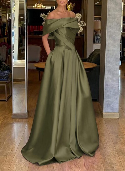 A-Line Off-The-Shoulder Sweep Train Satin Evening Dresses With Pockets