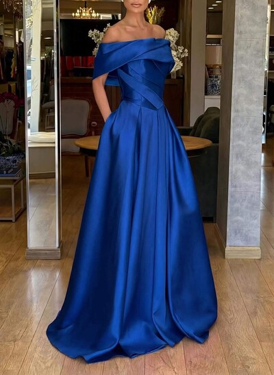 A-Line Off-The-Shoulder Sweep Train Satin Prom Dresses With Pockets
