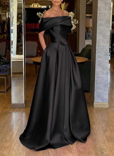 A-Line Off-The-Shoulder Sweep Train Satin Prom Dresses With Pockets