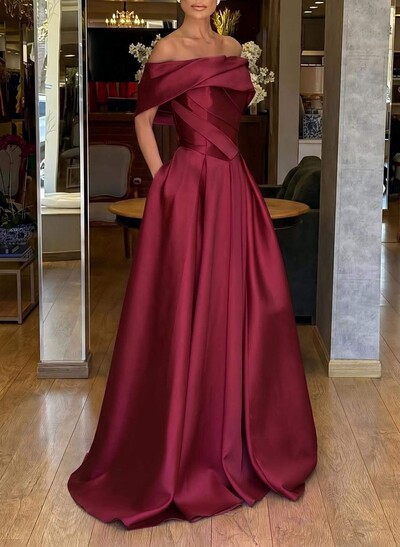 A-Line Off-The-Shoulder Sweep Train Satin Prom Dresses With Pockets