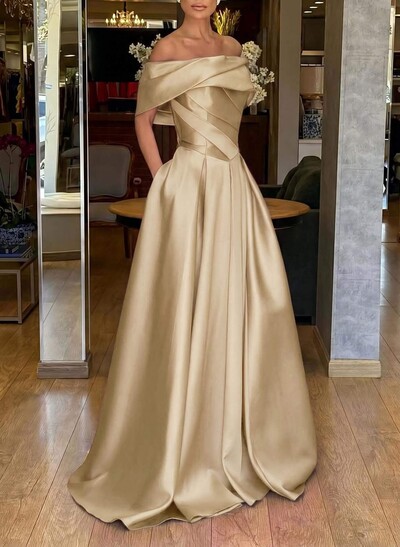 A-Line Off-The-Shoulder Sweep Train Satin Prom Dresses With Pockets