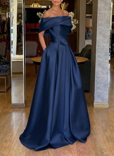 A-Line Off-The-Shoulder Sweep Train Satin Evening Dresses With Pockets