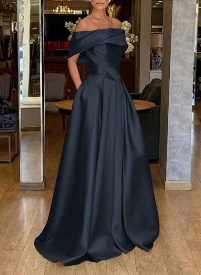 A-Line Off-The-Shoulder Sweep Train Satin Prom Dresses With Pockets