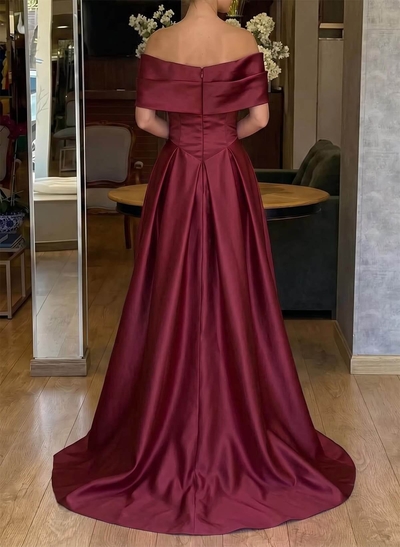 A-Line Off-The-Shoulder Sweep Train Satin Prom Dresses With Pockets