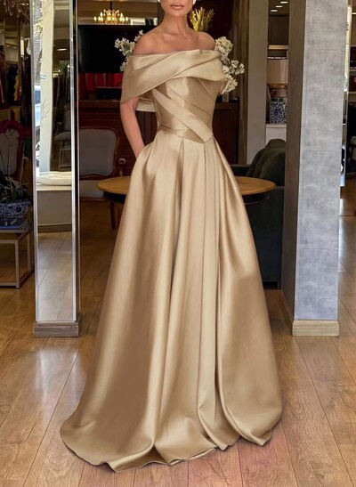 A-Line Off-The-Shoulder Sweep Train Satin Prom Dresses With Pockets