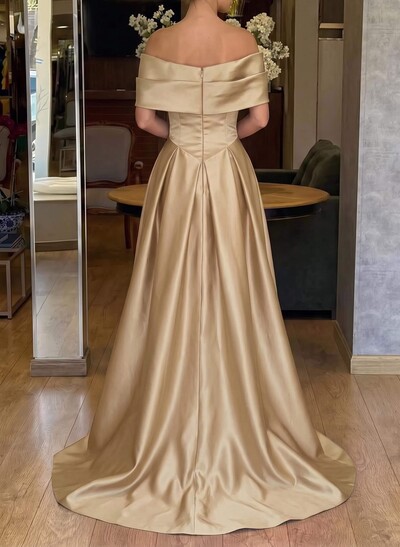 A-Line Off-The-Shoulder Sweep Train Satin Prom Dresses With Pockets