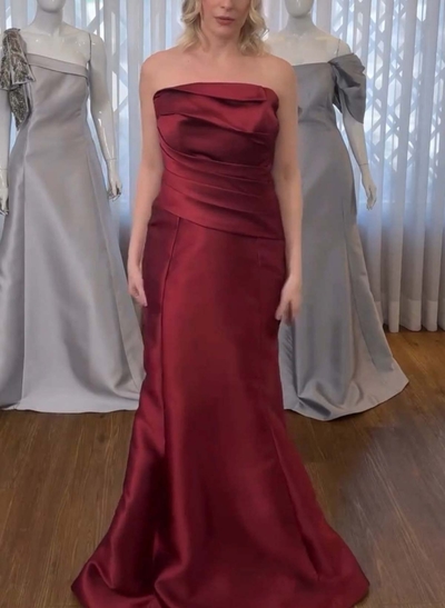 Trumpet/Mermaid Strapless Sleeveless Sweep Train Satin Prom Dresses