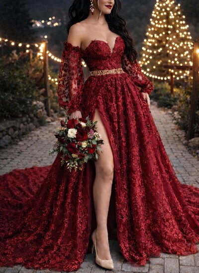 A-Line Sweetheart Long Sleeves Court Train Lace/Tulle Prom Dresses