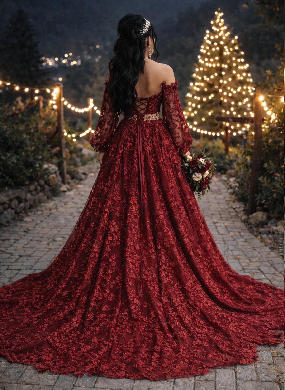 A-Line Sweetheart Long Sleeves Court Train Lace/Tulle Prom Dresses