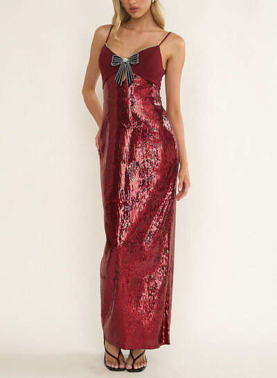 Sheath/Column Sweetheart Floor-Length Chiffon/Sequined Evening Dresses With Bow(s)/Sequins/Back Slit
