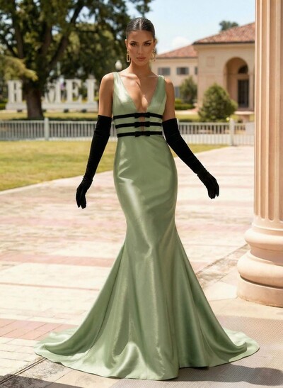 Trumpet/Mermaid Plunge Neck Sleeveless Sweep Train Stretch Satin Knit Evening Dresses