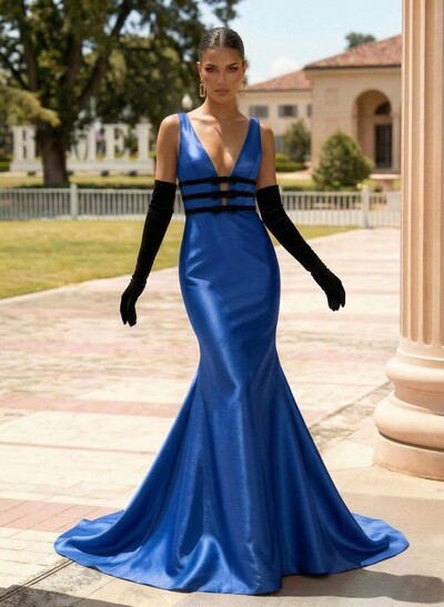 Trumpet/Mermaid Plunge Neck Sleeveless Sweep Train Stretch Satin Knit Prom Dresses