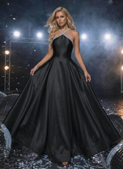 A-Line Halter Sleeveless Floor-Length Satin Prom Dresses With Beading