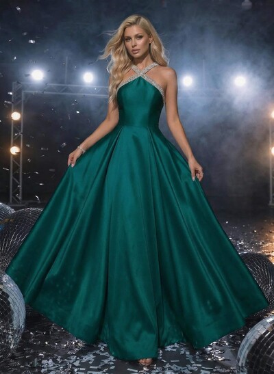 A-Line Halter Sleeveless Floor-Length Satin Prom Dresses With Beading