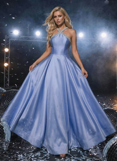 A-Line Halter Sleeveless Floor-Length Satin Prom Dresses With Beading