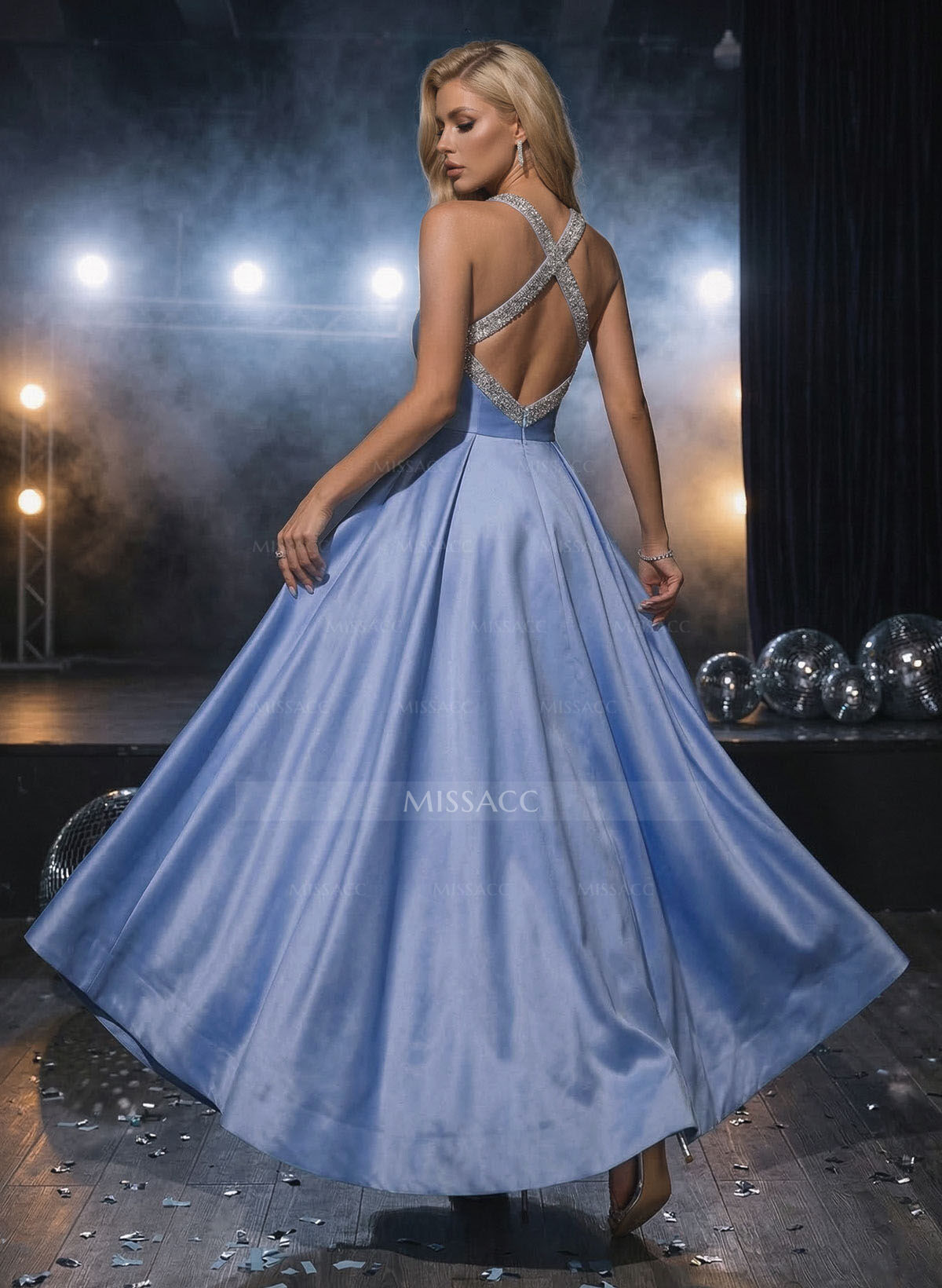 A-Line Halter Sleeveless Floor-Length Satin Prom Dresses With Beading