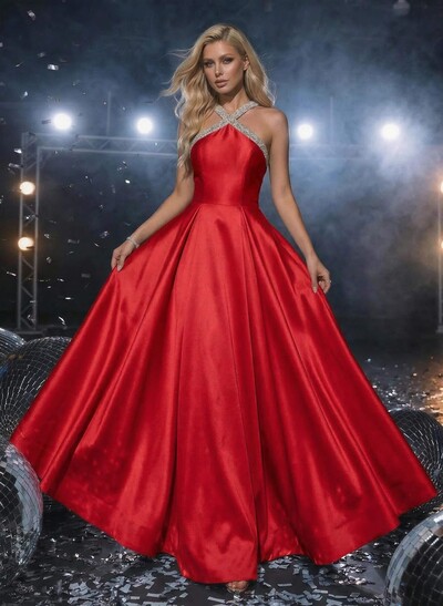 A-Line Halter Sleeveless Floor-Length Satin Prom Dresses With Beading
