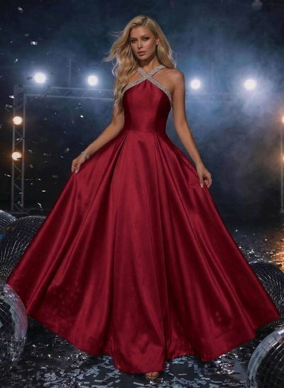 A-Line Halter Sleeveless Floor-Length Satin Prom Dresses With Beading