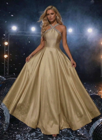 A-Line Halter Sleeveless Floor-Length Satin Prom Dresses With Beading