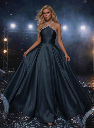 A-Line Halter Sleeveless Floor-Length Satin Prom Dresses With Beading