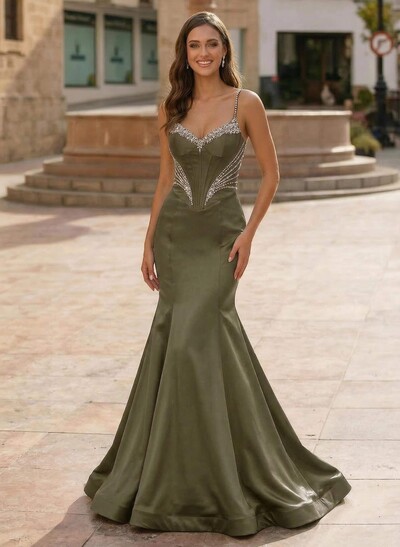 Trumpet/Mermaid Sweetheart Sleeveless Sweep Train Matte Satin Evening Dresses With Beading