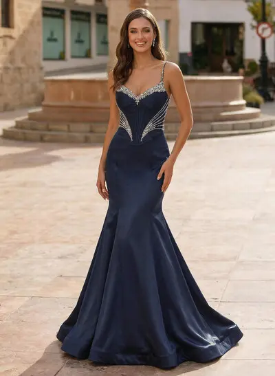 Trumpet/Mermaid Sweetheart Sleeveless Sweep Train Matte Satin Prom Dresses With Beading