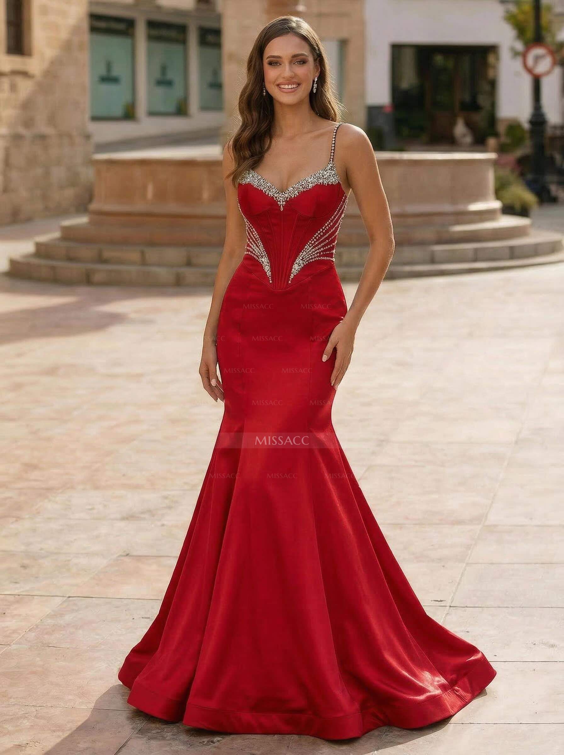 Trumpet/Mermaid Sweetheart Sleeveless Sweep Train Matte Satin Prom Dresses With Beading