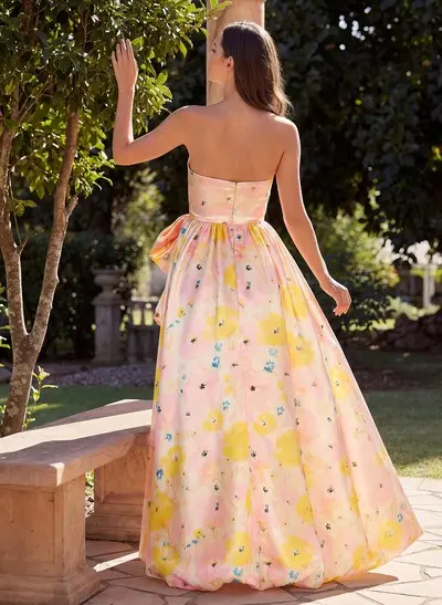 A-Line Strapless Sleeveless Floor-Length Satin Evening Dresses With Floral-Print/Split Front/Bow(s)