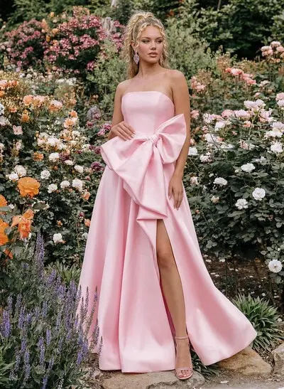 A-Line Strapless Sleeveless Floor-Length Satin Prom Dresses With Split Front/Bow