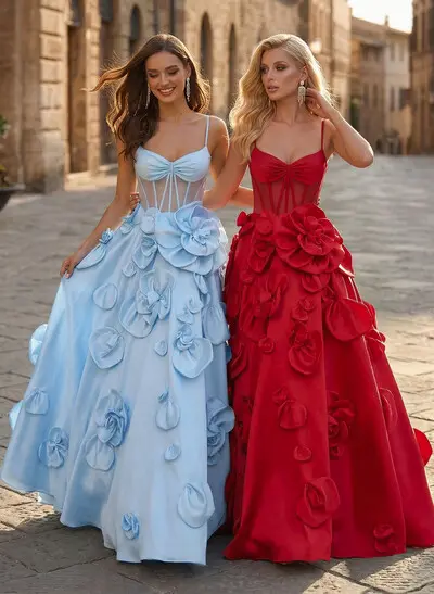 A-Line Sweetheart Sleeveless Floor-Length Satin Prom Dresses With Flowers